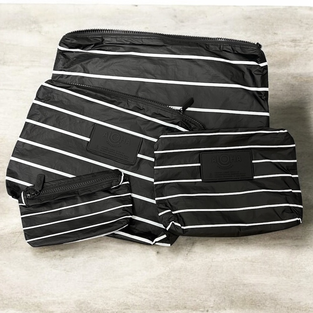 Aloha Collection 4 piece zip pouches travel packing bags black pinstripe